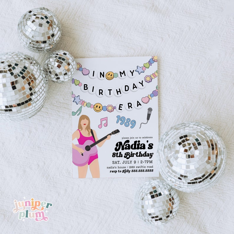 May include: A colorful birthday party invitation with a cartoon illustration of a woman playing a guitar. The invitation reads "In My Birthday Era 1989" and includes the text "Nadia's 8th Birthday" with details for the party.