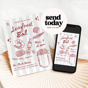 K&ouml;nnte beinhalten: Eine Einladung zum Seafood Boil mit roten Illustrationen von Meeresfr&uuml;chten und einer Flasche auf hellblauem Streifenhintergrund. Der Text lautet "Seafood Boil" und "Pinch, Peel, Party!". Ein Smartphone zeigt das gleiche Design.