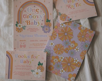 One Groovy Baby Shower Set, Groovy Baby Shower Package, Hippie Rainbow 70s Vibe Baby Shower Suite Printable, Editable Template, 186