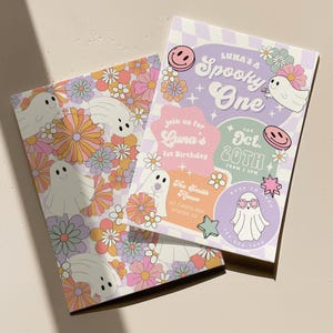 May include: Two invitations with a floral and ghost design. One invitation reads "LUNA'S A Spooky One" with the text "Luna's 1st Birthday" and "Oct. 20th". The other invitation has a floral and ghost pattern.