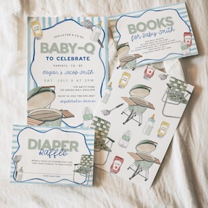 Set di inviti per baby shower modificabili Baby-Q, decorazioni unisex per coppie in giardino, modello per barbecue, libri per baby shower per bambini.