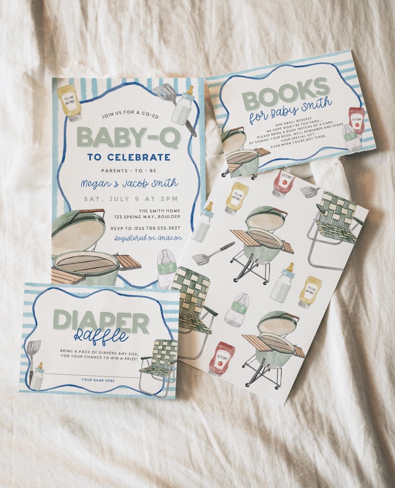 May include: A set of baby shower invitations with a barbecue theme. The invitations feature watercolor illustrations of grills, baby bottles, and condiments. The main invitation reads "Baby-Q" and includes event details. Other cards request books and a diaper raffle.