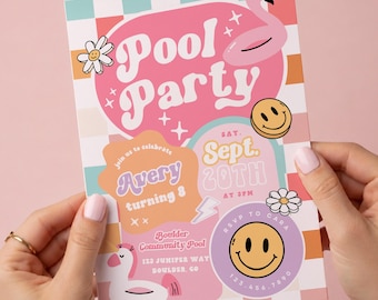 May include: A pool party invitation with a pink and white design. The invitation features the words "Pool Party" in a bubble font, along with a flamingo, smiley faces, and the text "Avery turning 8".