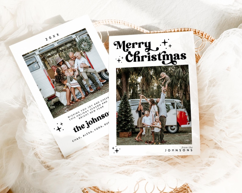 Mall för retro fotojulkort | Julkort | Groovy Boho-julkort | Minimalistisk God Jul | Redigerbar Canva-mall bild 6