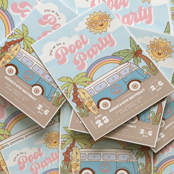 Editable Pool Party Invitation, Retro Groovy Summer Birthday Invite Template, Pool Party, Summer Swimming Party, Instant Download Evite