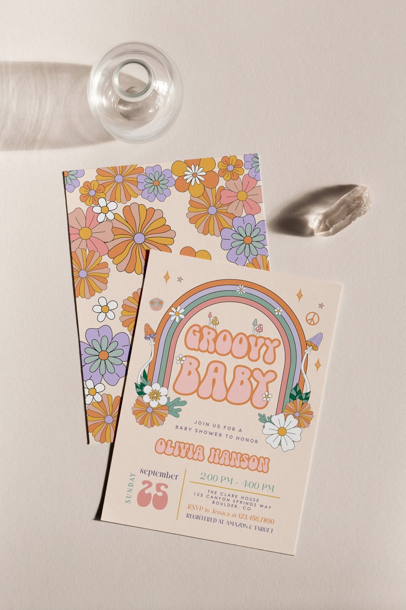 Groovy Baby Shower Invitation Template Hippie Rainbow 70s Etsy
