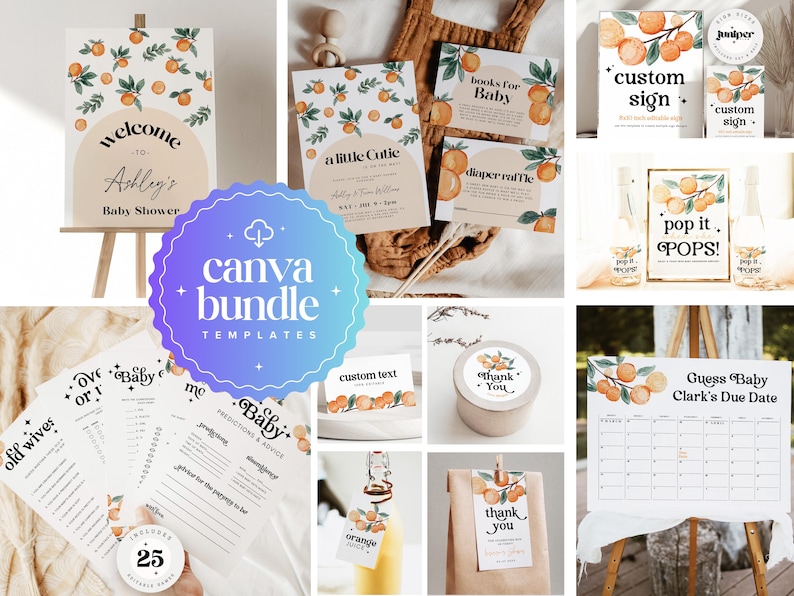 Editable Little Cutie Baby Shower Bundle, Gender Neutral Baby Shower Package, A Little Cutie is on the way Baby Shower Decorations image 1
