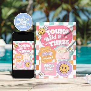 May include: A pink and orange birthday invitation with a checkered background and a smiling face. The invitation says "Young Wild & Three" and includes details for a party on September 30th at 3 PM. The invitation also includes the text "Molly's house" and "Keep to Casa".