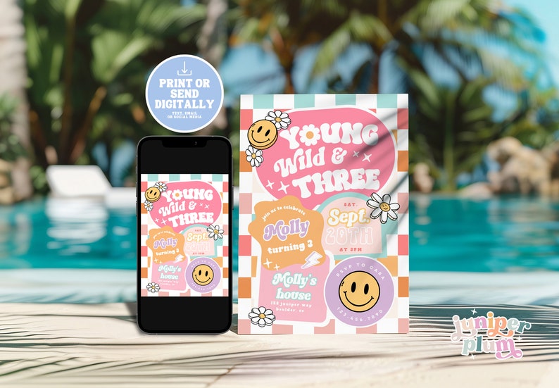 May include: A pink and orange birthday invitation with a checkered background and a smiling face. The invitation says "Young Wild & Three" and includes details for a party on September 30th at 3 PM. The invitation also includes the text "Molly's house" and "Keep to Casa".