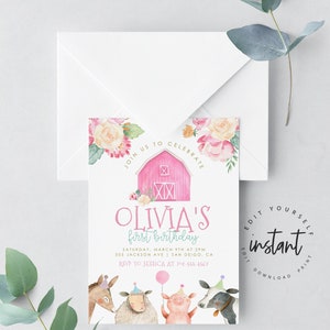 Editable Farm Birthday Invitation Girl Farm Animals Pink Floral Barnyard Party Download Printable Invitation Template Digital 55 image 3