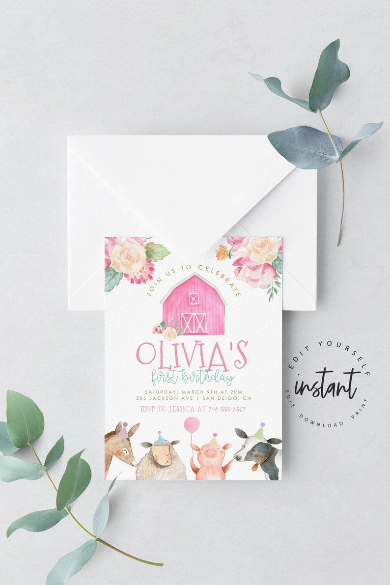 Editable Farm Birthday Invitation Girl Farm Animals Pink Floral Barnyard Party Download Printable Invitation Template Digital 55 image 3