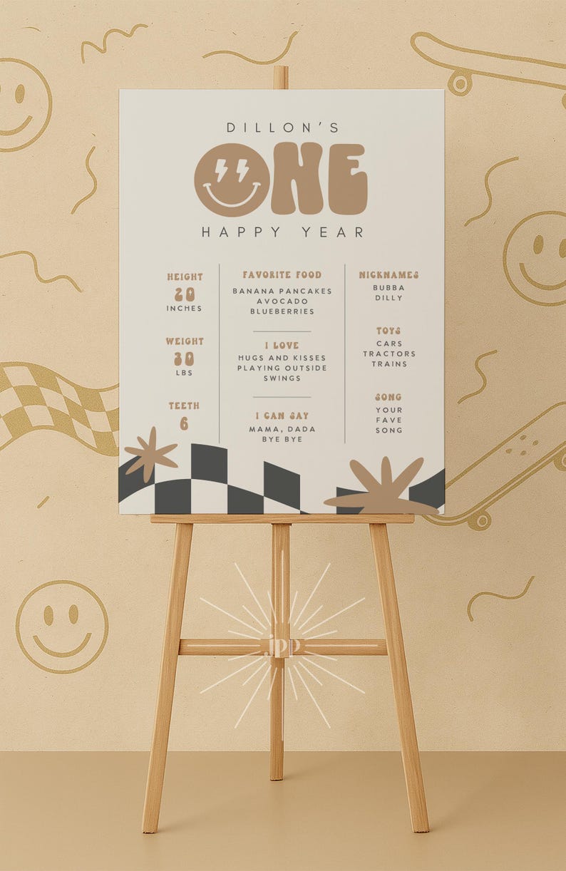 One Happy Dude Birthday Invitation Boy First Birthday Smile Face Retro Birthday Editable Digital Template INSTANT DOWNLOAD 58 image 4