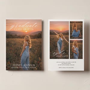 Puede incluir: Anuncio de graduación con una joven en peto vaquero, sobre un fondo de puesta de sol. El texto dice "graduate CLASS OF 2026" y "SYDNEY JOHNSON BOULDER VALLEY HIGH SCHOOL". El lado derecho muestra varias fotos y "syd's GRAD PARTY".