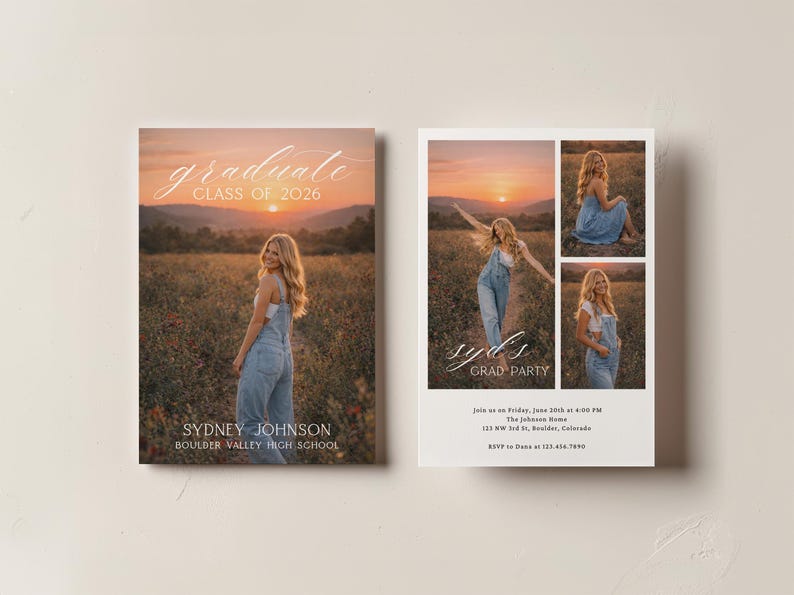May include: Graduation announcement featuring a young woman in denim overalls, set against a sunset backdrop. The text reads "graduate CLASS OF 2026" and "SYDNEY JOHNSON BOULDER VALLEY HIGH SCHOOL". The right side shows multiple photos and "syd's GRAD PARTY".