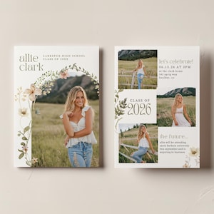 Pu&ograve; includere: Annuncio di laurea con una foto di una donna, decorazioni floreali e il testo "Allie Clark, Classe del 20XX." Il lato destro include foto, il testo "Classe del 2026" e dettagli dell'evento.