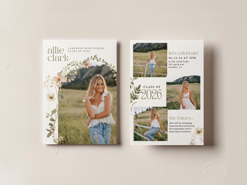 Pu&ograve; includere: Annuncio di laurea con una foto di una donna, decorazioni floreali e il testo "Allie Clark, Classe del 20XX." Il lato destro include foto, il testo "Classe del 2026" e dettagli dell'evento.