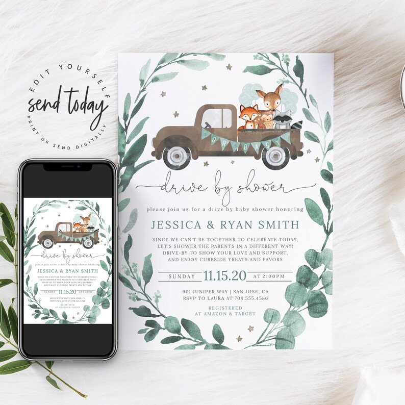 Girl Drive By Baby Shower Invite Social Distancing Baby Shower Woodland