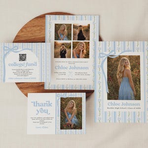 Preppy Graduation Bundle Template, Blue Floral Grad Invitation Set, Photo Announcement Thank You Card College Fund Insert Canva Template 102