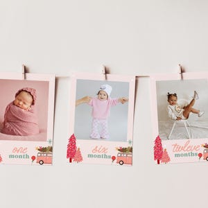 Boho Christmas GIRL First Birthday Photo Banner Template, Pink Santa First Birthday Milestone, Girl 1st Birthday Party Decor Party Signs
