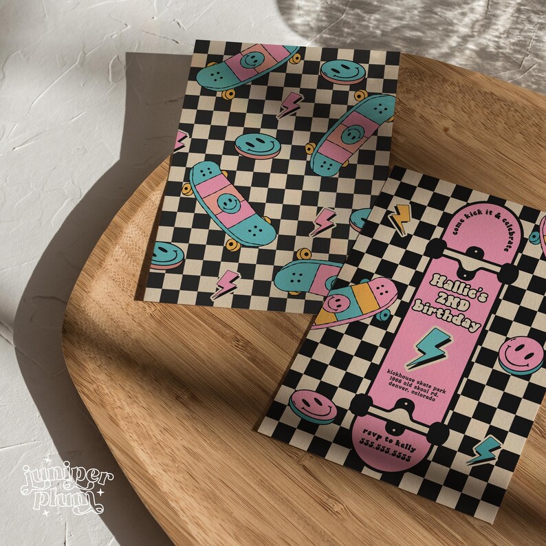 May include: A birthday party invitation with a checkered black and white background. The invitation features a pink, yellow, and blue skateboard with the text "Hallie's 2nd Birthday" and the words "come kick it & celebrate".