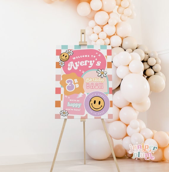 Editable Checkered Smile Face Birthday Welcome, Groovy Retro