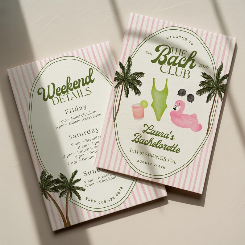 May include: Two invitation cards with pink and white stripes. One card says "Weekend Details" with a schedule. The other says "Welcome to The Bach Club" with a flamingo, swimsuit, and cocktail. The cards are for a bachelorette party.