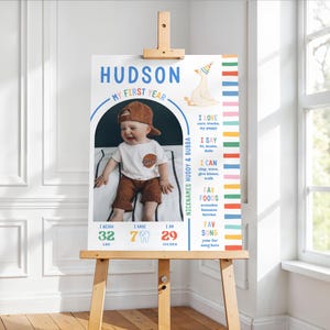 Puede incluir: Un cartel de cumplea&ntilde;os para un ni&ntilde;o llamado Hudson, con una foto central de un ni&ntilde;o peque&ntilde;o con gorra marr&oacute;n, incluyendo texto sobre su peso de 32 lbs, altura de 29 pulgadas, siete dientes, apodos y sus preferencias personales.