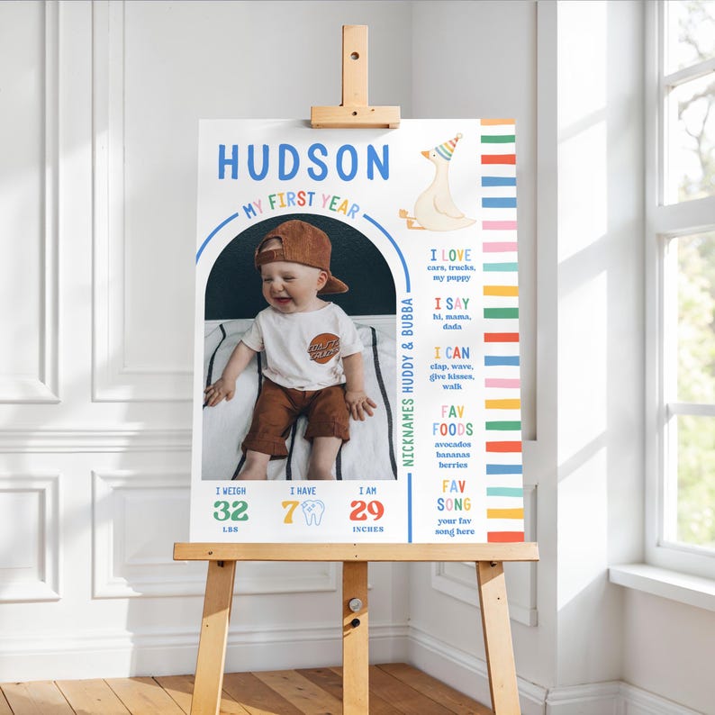 Puede incluir: Un cartel de cumplea&ntilde;os para un ni&ntilde;o llamado Hudson, con una foto central de un ni&ntilde;o peque&ntilde;o con gorra marr&oacute;n, incluyendo texto sobre su peso de 32 lbs, altura de 29 pulgadas, siete dientes, apodos y sus preferencias personales.