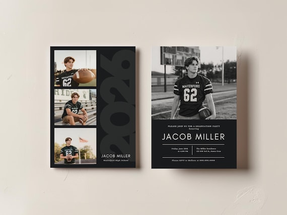 Modern Graduation Announcement Template, Editable Photo Grad Invite Canva, Senior Sports Graduation Card, Black Minimalist Graduation Invite