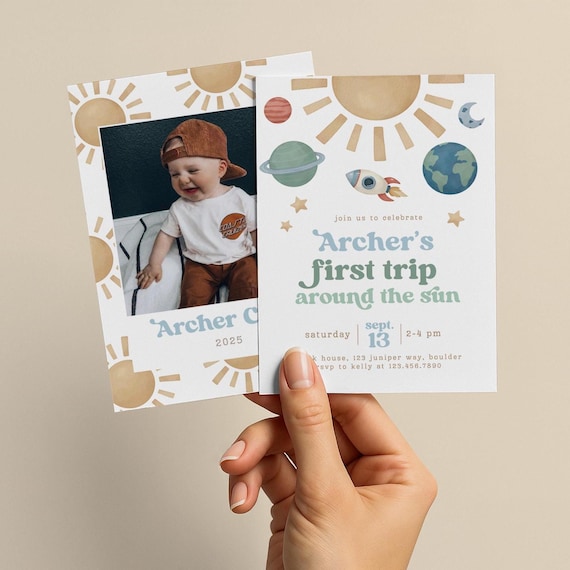 First Trip Around the Sun Birthday Invitation, Watercolor Space Birthday Invite, Boy 1st Birthday Space Theme, Editable Template Evite 260