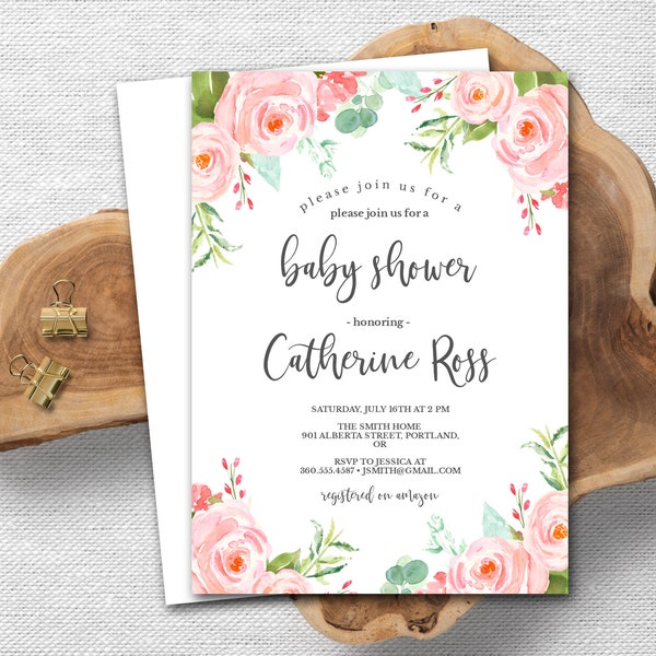 Floral blush Baby Shower invitation, floral Baby Shower Invitation, floral baby shower invitation, baby shower, invitation, template, AI-24