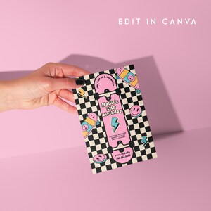 May include: A birthday party invitation with a checkered black and white background. The invitation features a pink skateboard with a lightning bolt and the text "Hallie's 2nd birthday".