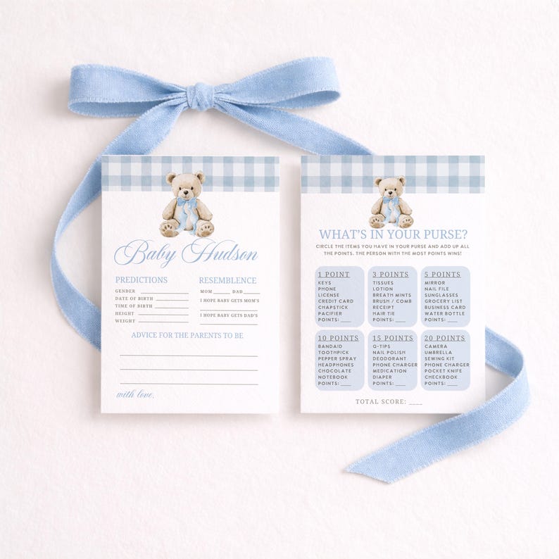 May include: Baby shower game cards with a blue gingham border and a teddy bear illustration. The cards include prompts for predictions and a "What's in Your Purse?" game, tied with a blue ribbon.