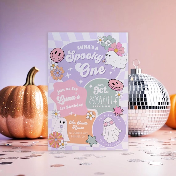 Girl Spooky One Birthday Invite template, Halloween First Birthday Invitation, Little Boo Birthday, Retro Vibes Spooky Girl Canva Party Luna