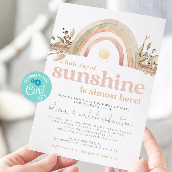 Rainbow Baby Shower by Mail Invitation, Social Distancing Baby Shower invitation, boho gender neutral baby shower invitation template, 80