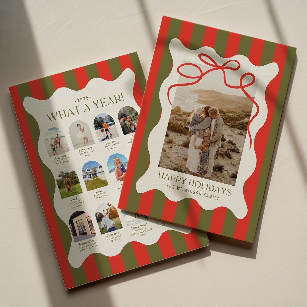 Vintage Christmas Card Template Olive & Red Stripe Holiday Photo Card
