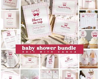 May include: A baby shower printable bundle featuring a pink and white gingham pattern and cherry illustrations. The bundle includes invitations, thank you cards, diaper raffle tickets, and more. The text "She is the cherry on top" is featured on the invitation.