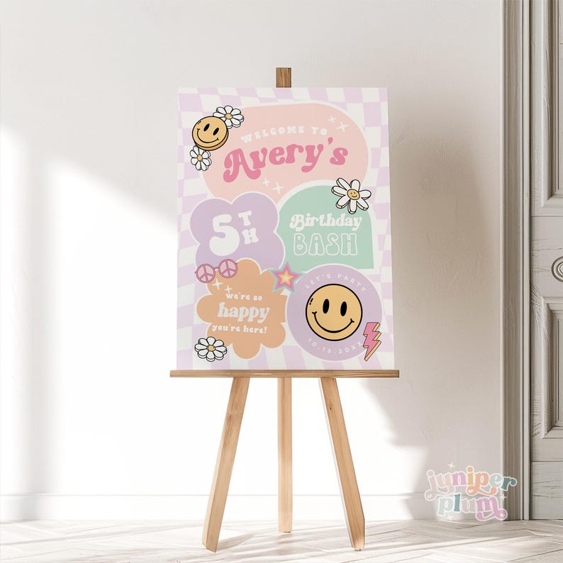 May include: A pink and green welcome sign for a 5th birthday party. The sign features a checkered background, smiley faces, and the text "Welcome to Avery's 5th Birthday Bash".