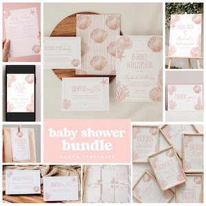 Może przedstawiać: Zestaw szablonów papeterii na baby shower z motywem muszli. Projekty zawierają miękkie różowe i koralowe akcenty, w tym zaproszenia, kartki z podziękowaniami i znaki. Tekst "baby shower bundle" jest wyraźnie wyświetlany.