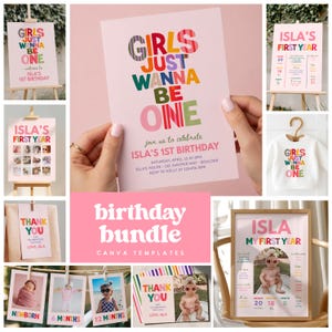 May include: A birthday bundle of Canva templates featuring pink, white, and multi-colored designs. Items include invitations, milestone boards, and thank you cards with text such as Girls Just Wanna Be One, Isla's First Year, and Thank You for Celebrating.