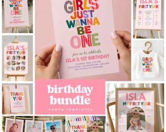 Retro Girls "Girls Just Wanna Be One" Birthday Bundle (Canva Templates) 301
