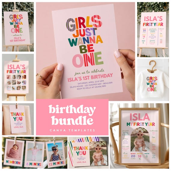 Retro Girls "Girls Just Wanna Be One" Birthday Bundle (Canva Templates) 301