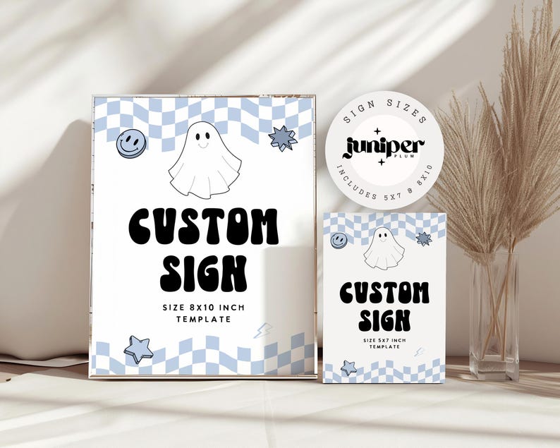May include: White custom sign with a blue checkered background, a smiling face, a ghost, and star graphics. The sign reads "CUSTOM SIGN" and "SIZE 8x10 INCH TEMPLATE". A smaller sign and a round sticker with the text "juniper plum" are also visible.