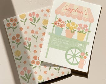 Flower Cart Birthday Invitation, Girl Birthday Invitation, Petite Flower Shop Birthday Invite Canva Template Evite, 272