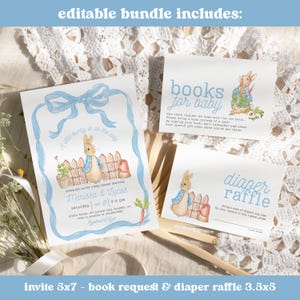 May include: A blue and white baby shower invitation with a watercolor illustration of a bunny rabbit. The invitation includes the text "A little bunny is on the way" and the names "Marissa & Lucas".