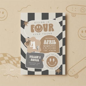 Boy Fourth Birthday Invite Four Ever Young Birthday Invitation Smile Face Retro Birthday Editable Digital Template INSTANT DOWNLOAD 58