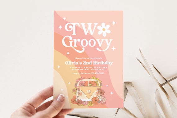 EDITABLE TWO Groovy Birthday Invitation, Girl Birthday Invite, Retro Birthday Invite, Girl 2nd Birthday, Instant Download EVite
