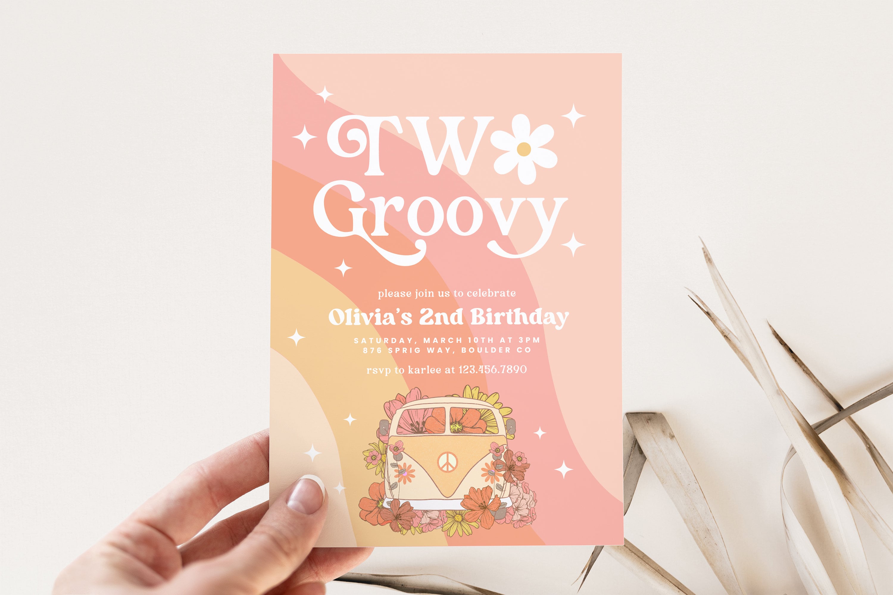 EDITABLE TWO Groovy Birthday Invitation Girl Birthday Invite Retro Birthday Invite Girl 2nd Birthday Instant Download EVite