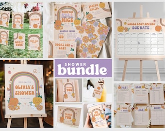 Pumpkin Spice and Everything Nice Baby Shower Bundle, Groovy Fall Baby Shower Invite, Little Pumpkin Rainbow Cute Fall Editable Printable