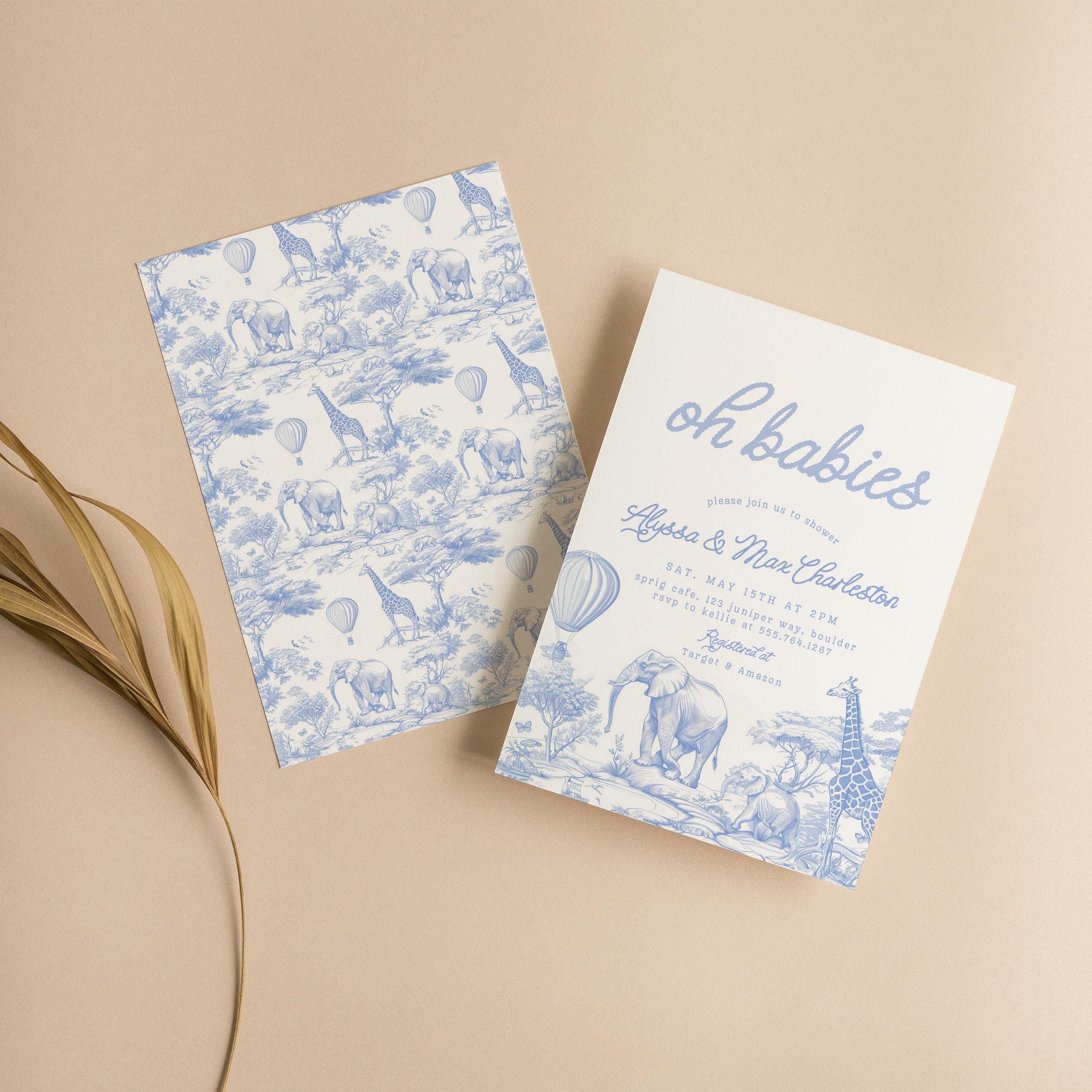 Classic Safari Twin Baby Shower Invitation, Blue TWINS Baby Shower Invite, Storybook,Jungle Animals Toile De Jouy Baby Hot Air Balloon